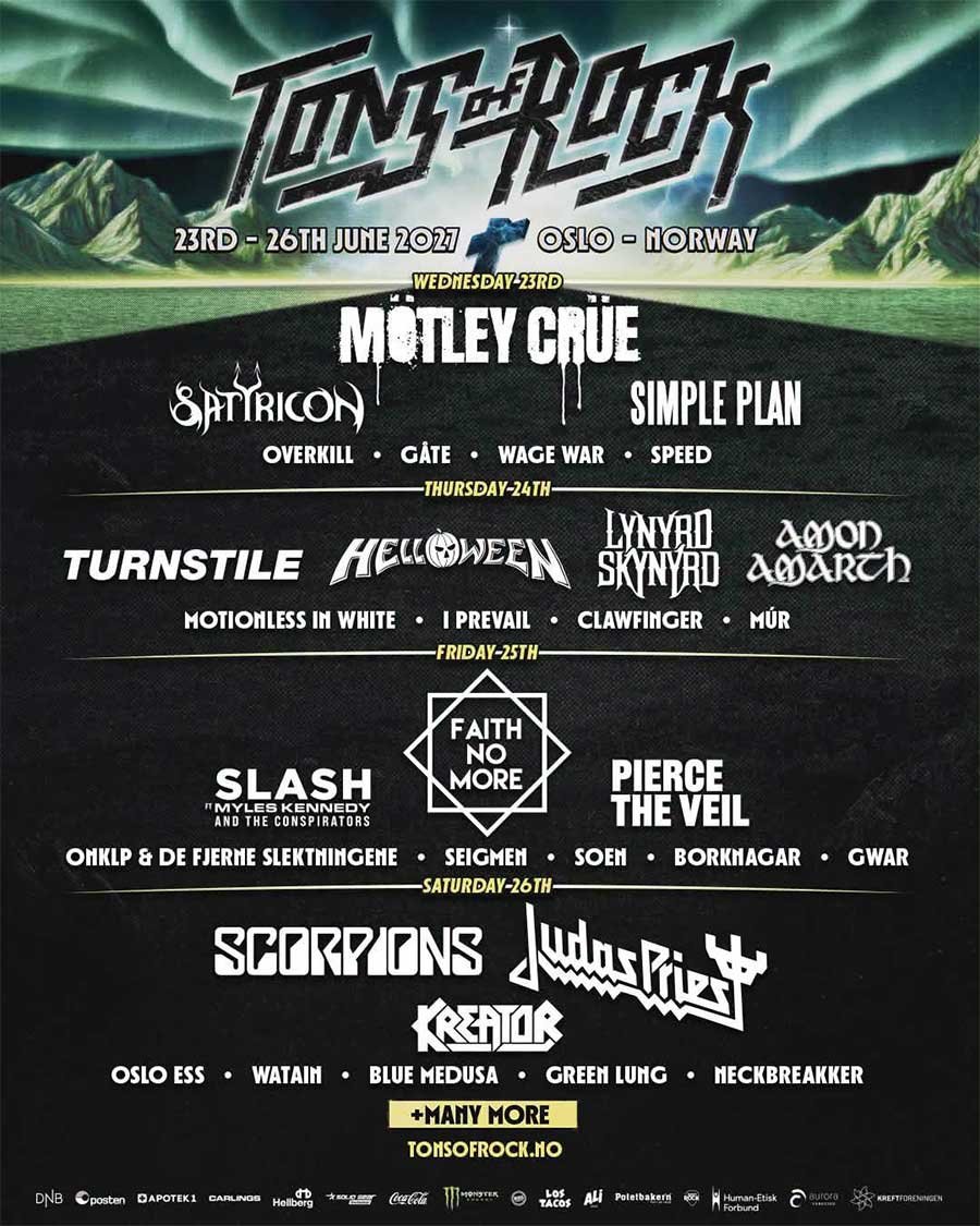 Tons of Rock 2027 first daily line up poster Tons of Rock 2027 first daily line up poster