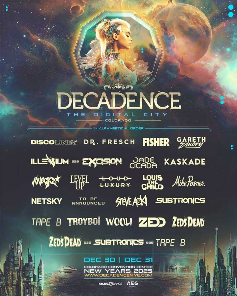Decadence Colorado NYE 2025 phase 1 poster